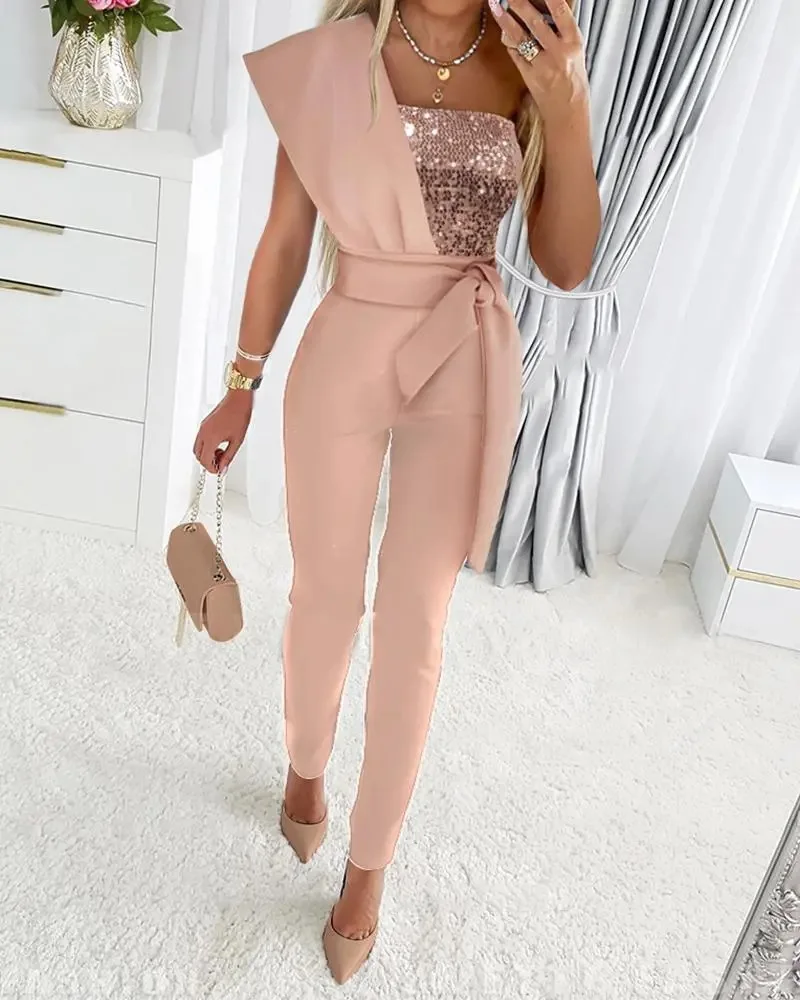 

Autumn New Jumpsuit Women Fashion Sequins Patchwork Short Sleeve Slim Bodycon Outfits Lady Elegant Sexy One Piece Party Overalls