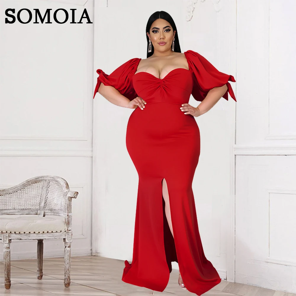 

Женская одежда большого размера SOMOIA, тонкое сексуальное однотонное модное платье с пышными рукавами, вечерние платья, оптовая продажа, Прям...