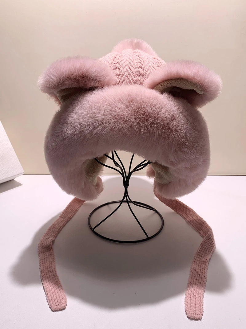 Женская Зимняя Шапка-бини из натурального кроличьего меха