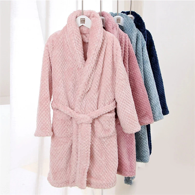 Teenagers Bathrobe Solid Terry Autumn Winter Thick Girls 4-18 Years Robe Flannel Warm Childres Pajamas Kids Home Clothes Women