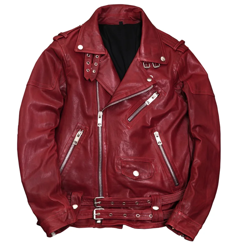 

Red Real Leather Coat Spring Autumn Streetwear Man Clothes Genuine Leather Mens Sheepskin Jacket 5XL Automotive Zipper Mans Coat