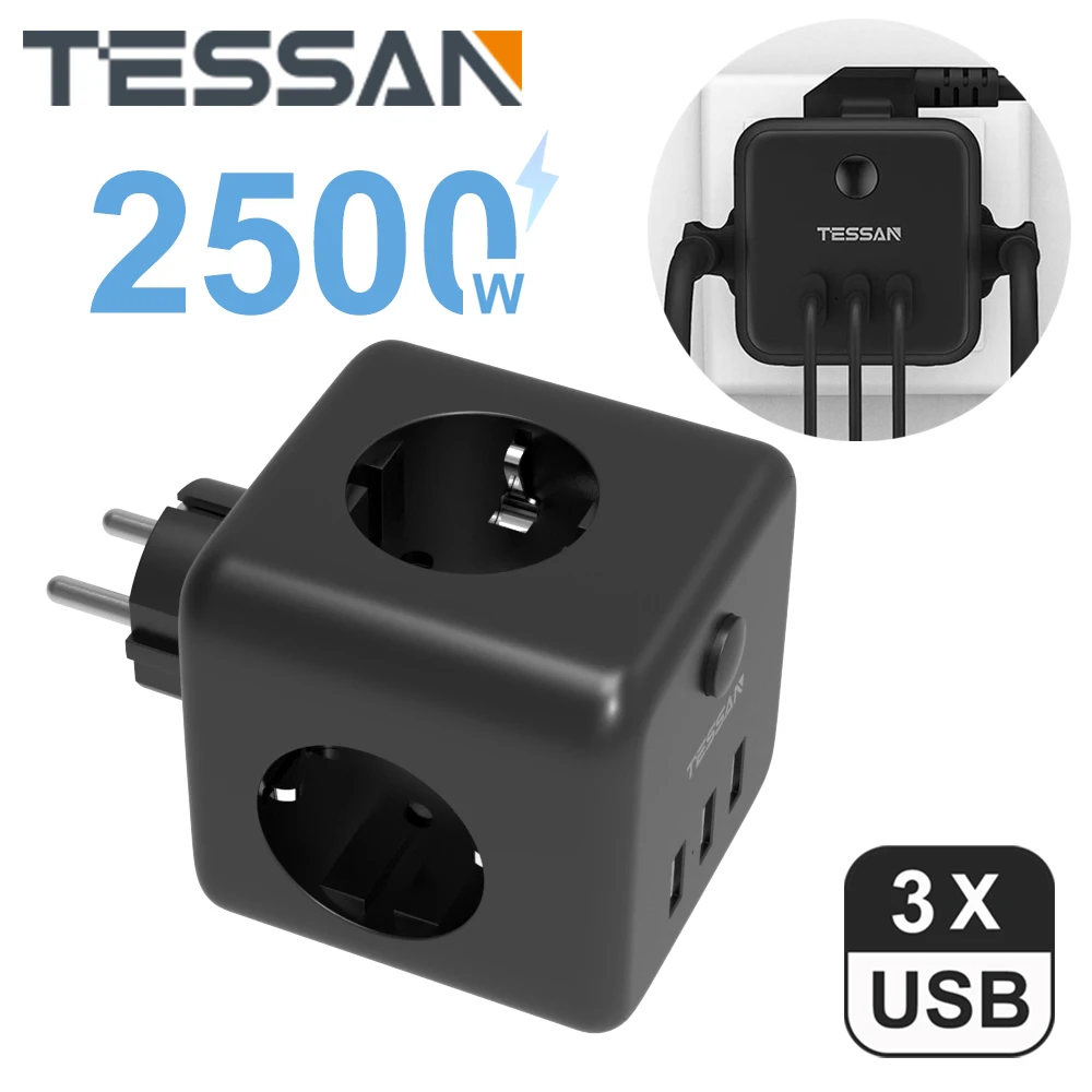 TESSAN Black Cube Socket Power Strip with Switch 3 EU Outlets 3 USB Charging Ports Europe Wall Socket Extender Adapter for Home