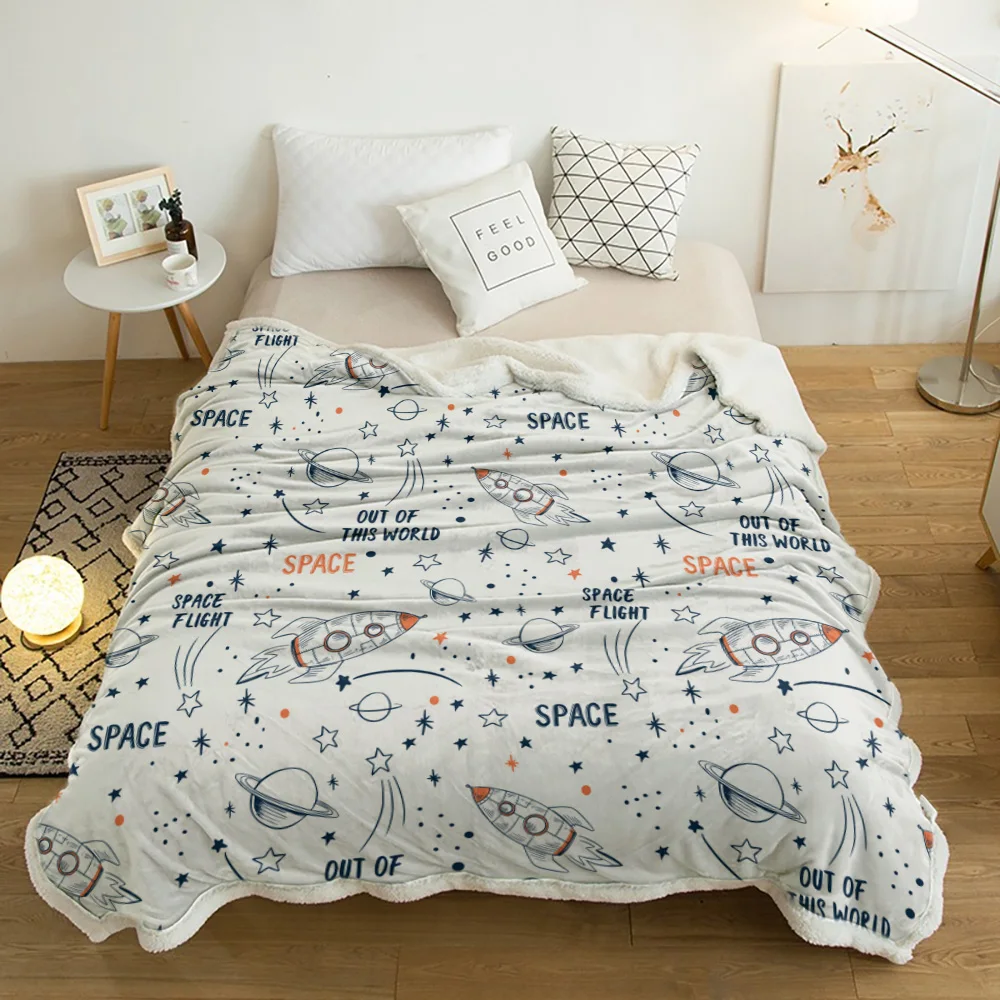 

Universe Space Rocket Cartoon White Lamb Cashmere Fleece Blanket Home Bed Sofa Winter Sherpa Bedding Kids Thick Bedspread