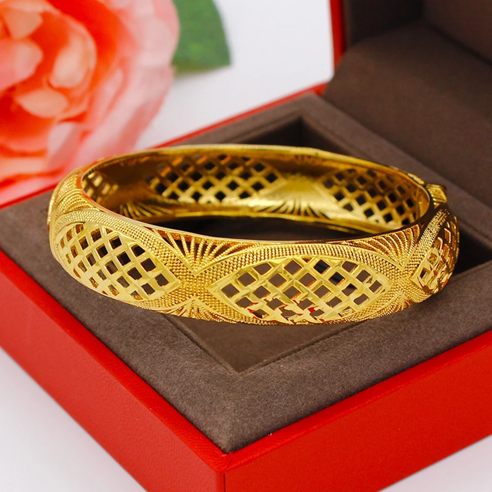

women Bangle Hollow Bracelet Dubai Wedding Lady 18k Gold Color Solid Bridal Jewelry Gift Dia 72mm