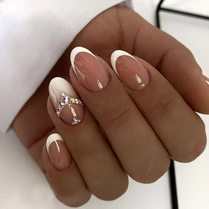 

24pcs Short Simple False Nails Round head Gradient French with Rhinestones Wearable Fake Nails Full Cover Press on Nails Tips