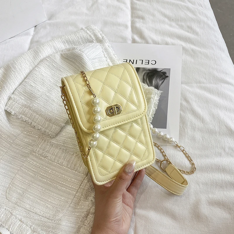 

227911 Universal Mobile Phone Pouch Bag For iPhone 13 12 11 Pro Max Case Yellow Leather Lingge Shoulder Bag Pocket Purse