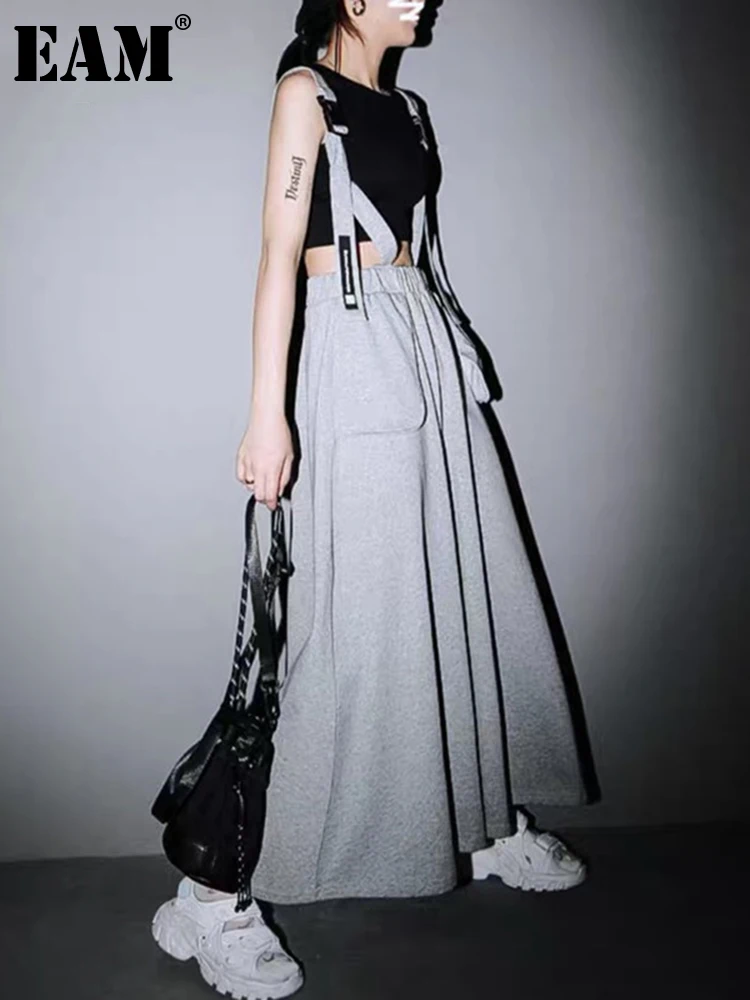 [EAM] юбка с высокой талией серого цвета большого размера карманами разрезом