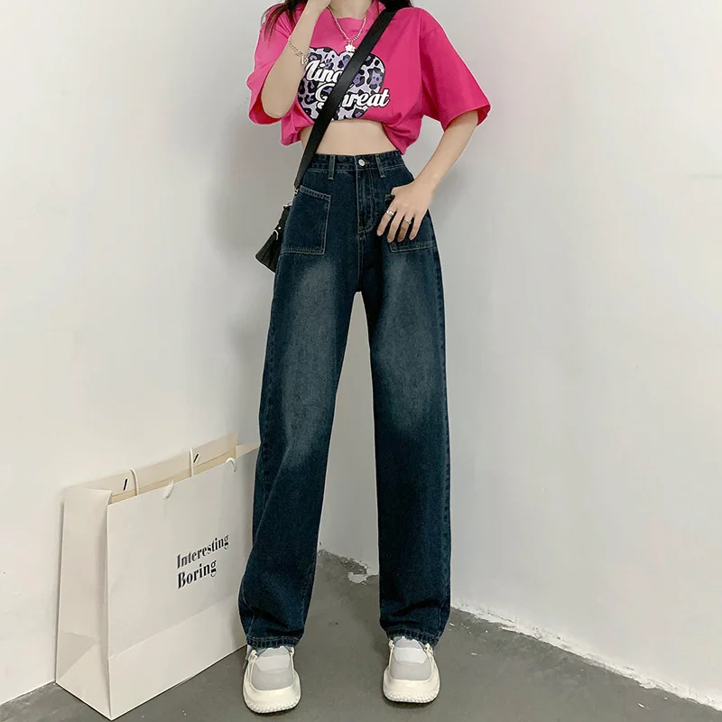 

Hot jeans, Dark Blue Baggy Jeans Women Summer Vintage High Waist Denim Trouser Female Straight Wide Leg Pant Streetwear Korean