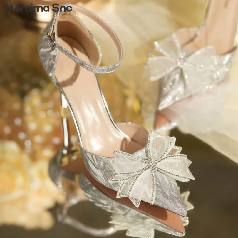 Rhinestone Bow Glitter Wedding Shoes Pointed Toe Stiletto High-Heeled Temperament Fashion High-Heeled Shoes Buckle Hollow Pumps