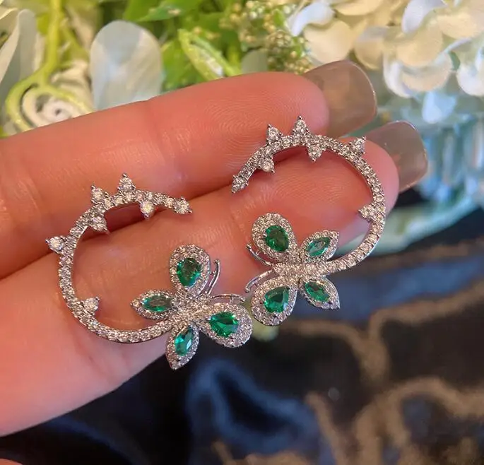 Фото Серьги из циркония S925, креативная личность, модная простая зеленая бабочка, модные украшения №5