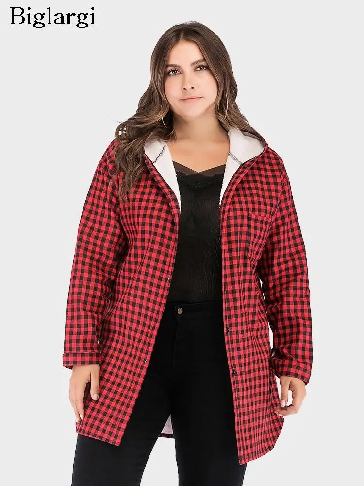 

Plus Size Autumn Winter Plaid Print Midi Hooded Coat Women Modis Casual Loose Ladies Jackets Long Sleeve Woman Jackets Coat 2023