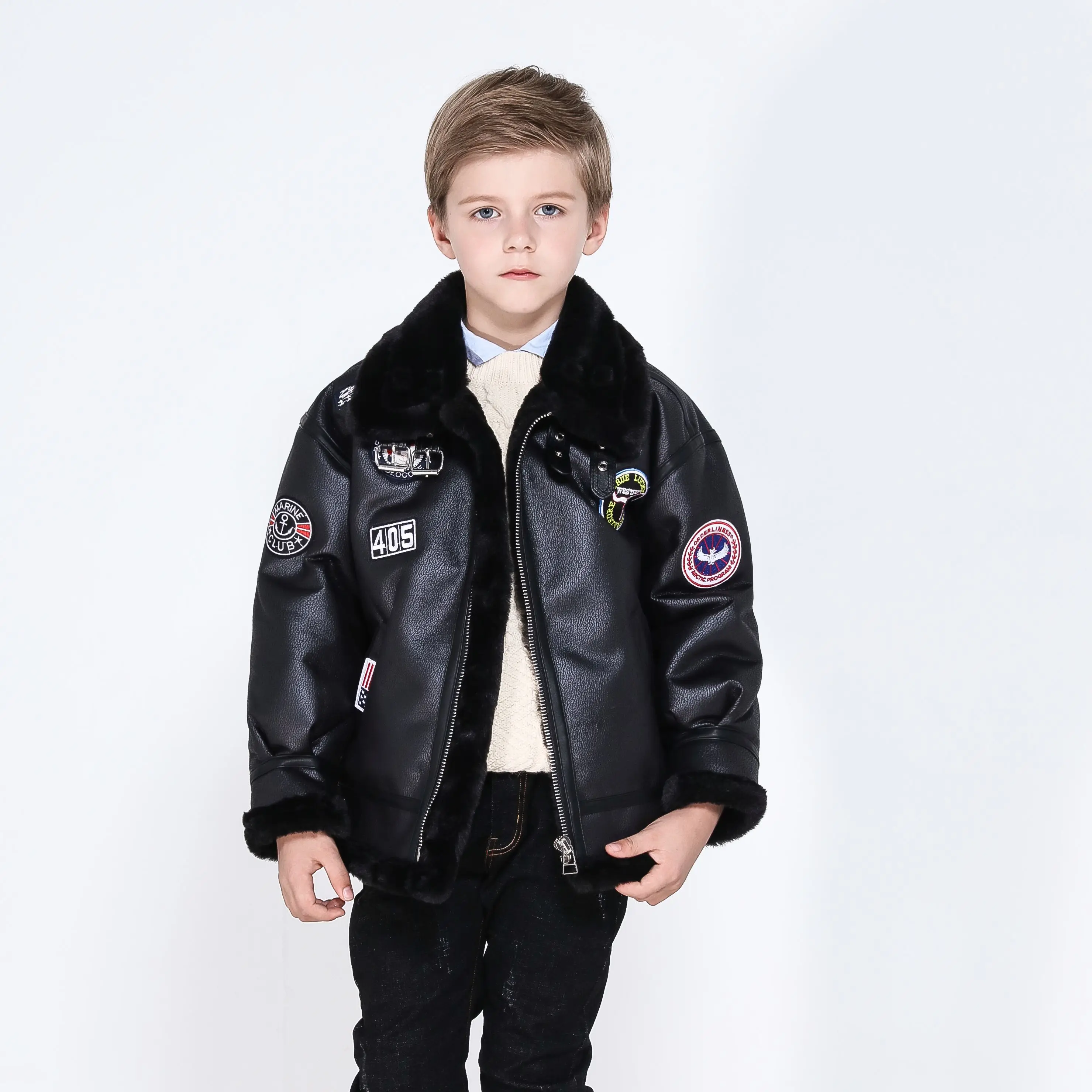 

Maoo Garden 90S PU Leather Winter Coat America Letter Graphic Embroidery Fuzzy Collar & Cuff Boys Men Warm Moto Jacket 3-16Y