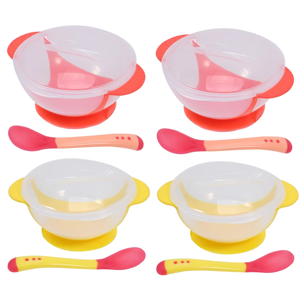 

8pcs/ 4 Sets Baby Suction Bowl Infant Training Bowl with Heat Spoon