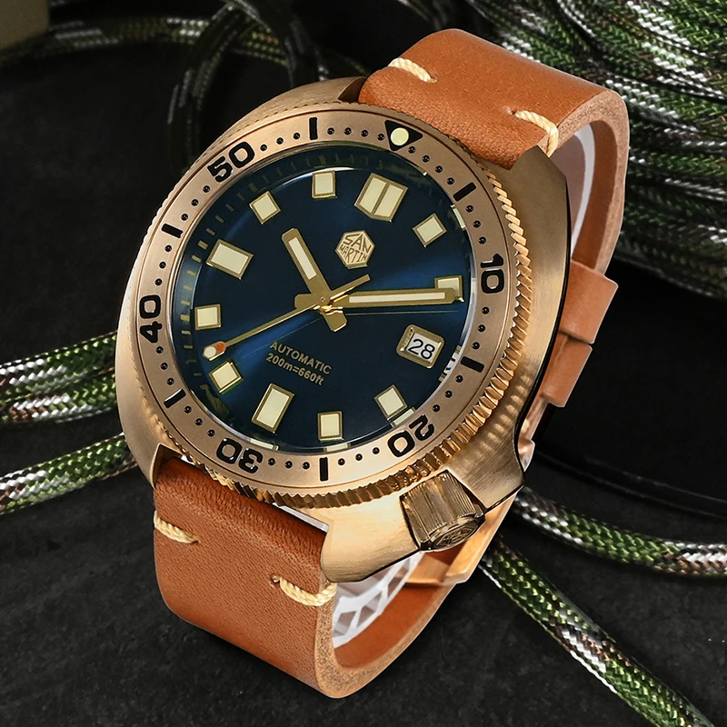 

San Martin Vintage Bronze Turtle Diver Watches Men 20Bar C3 Luminous Leather Strap Japan NH35 Automatic Mechanical Wristwatch