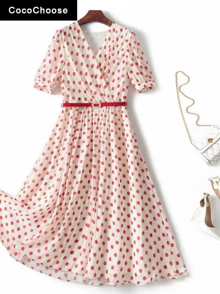 

Elegant Women Polka Dot Chiffon Dress 2022 Fashion Designer Lurex Gold Line Striped V-neck Short Sleeve Summer Dresses Red Green