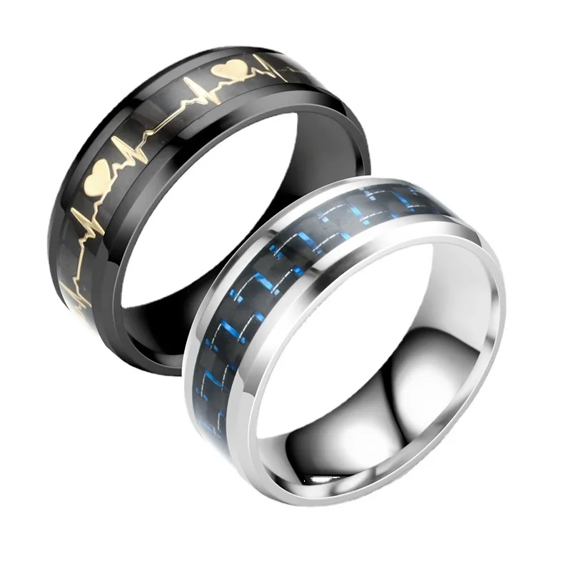 

New Carbon Fiber Heartbeat Ring European and American Fashion Titanium Steel Ring Men's Vintage Ring Handwear Wholesale