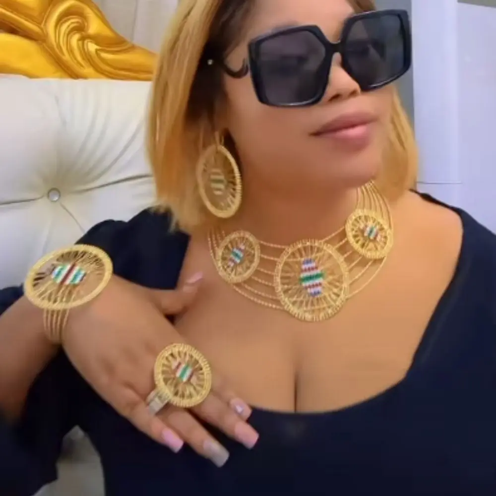 Модные Позолоченные Ювелирные наборы для женщин большое ожерелье серьги кольцо