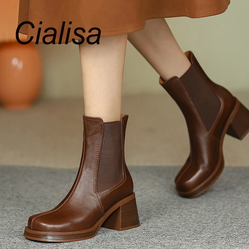 

Женские кожаные ботинки-челси Cialisa, коричневые эластичные ботинки на платформе и толстом каблуке, с круглым носком, Осень-зима 2022