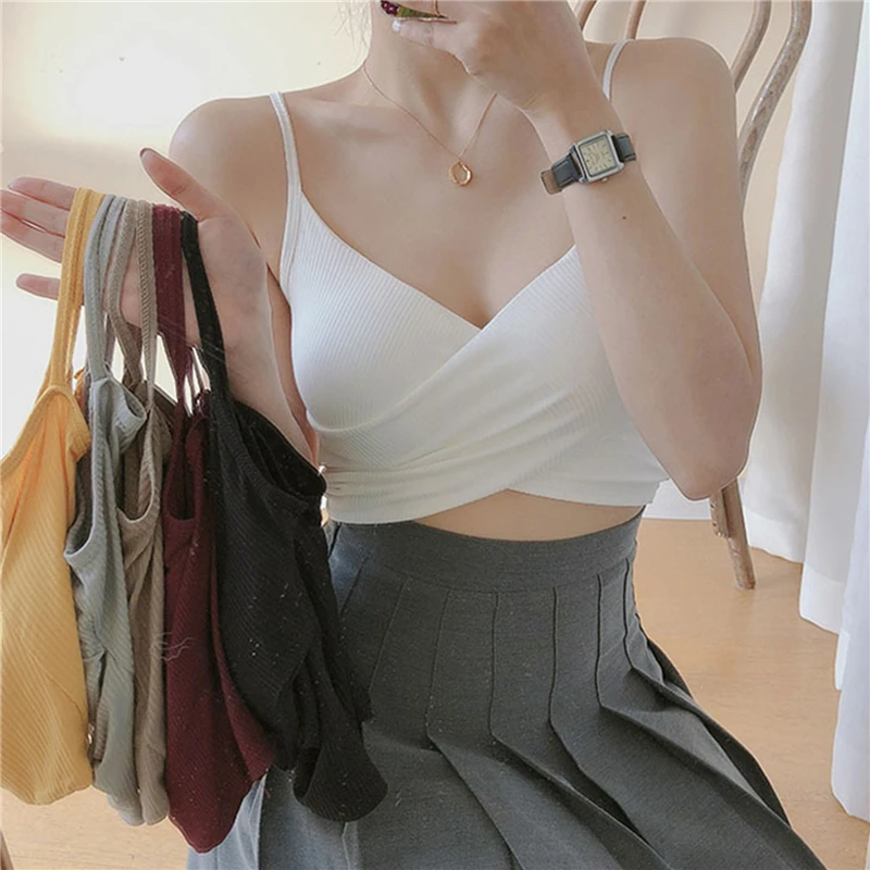 

Топ женский однотонный с V-образным вырезом, модный пикантный укороченный топ в стиле пэчворк, майка без рукавов, повседневный облегающий жи...