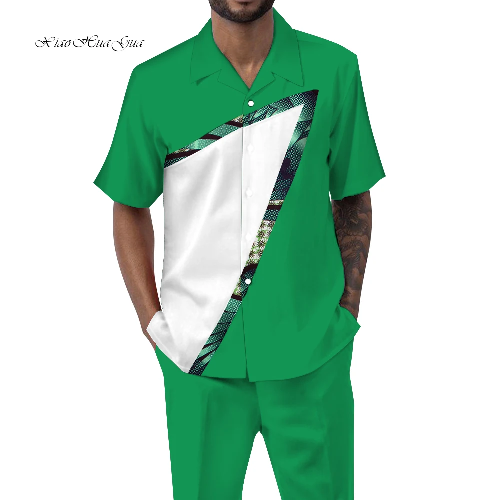 

Комплект одежды для мужчин в африканском стиле, рубашка с коротким рукавом и штаны, базин богатый, комплект из 2 предметов, африканская одежда WYN1397