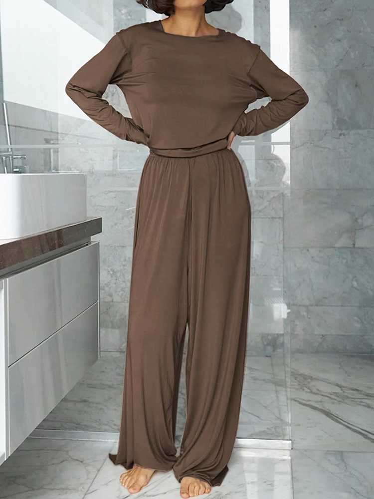 

Restve Brown Pajamas For Women 2 Piece Sets Knitted Long Sleeve O Neck Nightwear Female Casual Trouser Suits Autumn Sleepwear