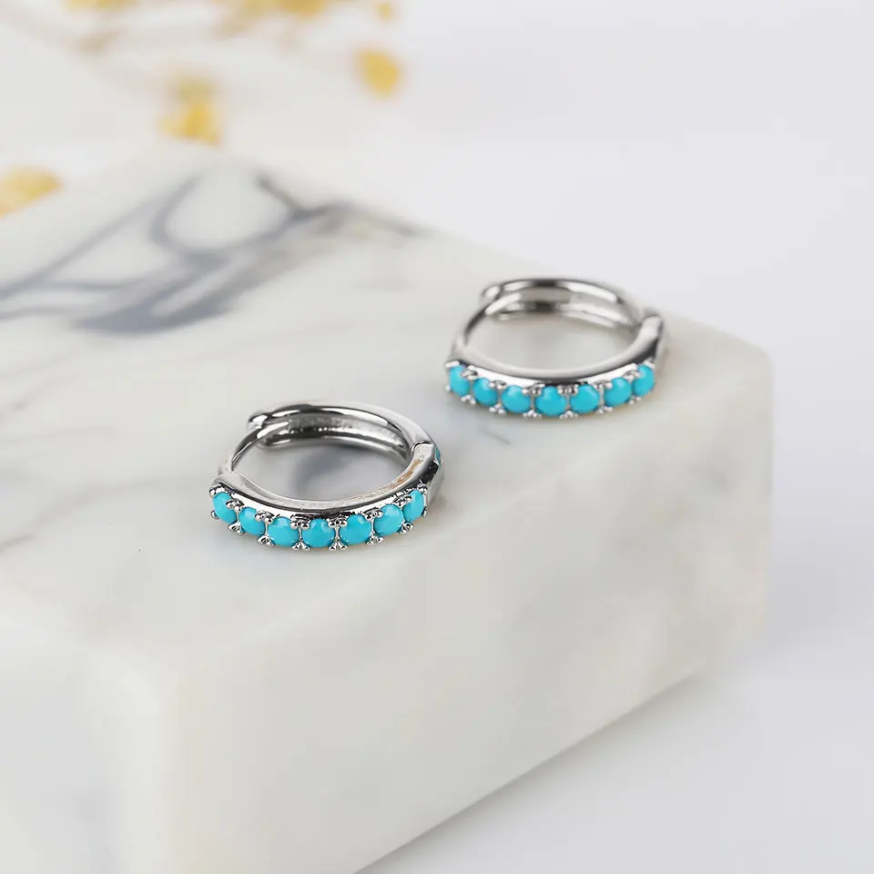 Серьги-кольца женские бирюзовые геометрической формы с фианитом