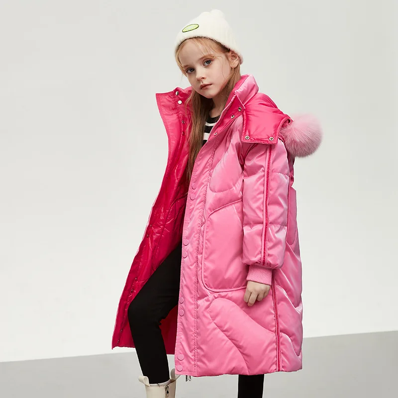 Winter Fashion New Coats for Girls Thick Warm Double-sided Down Jacket Teenager Mid-Length Snowsuit with Big Fur Collar 4-12 Yrs