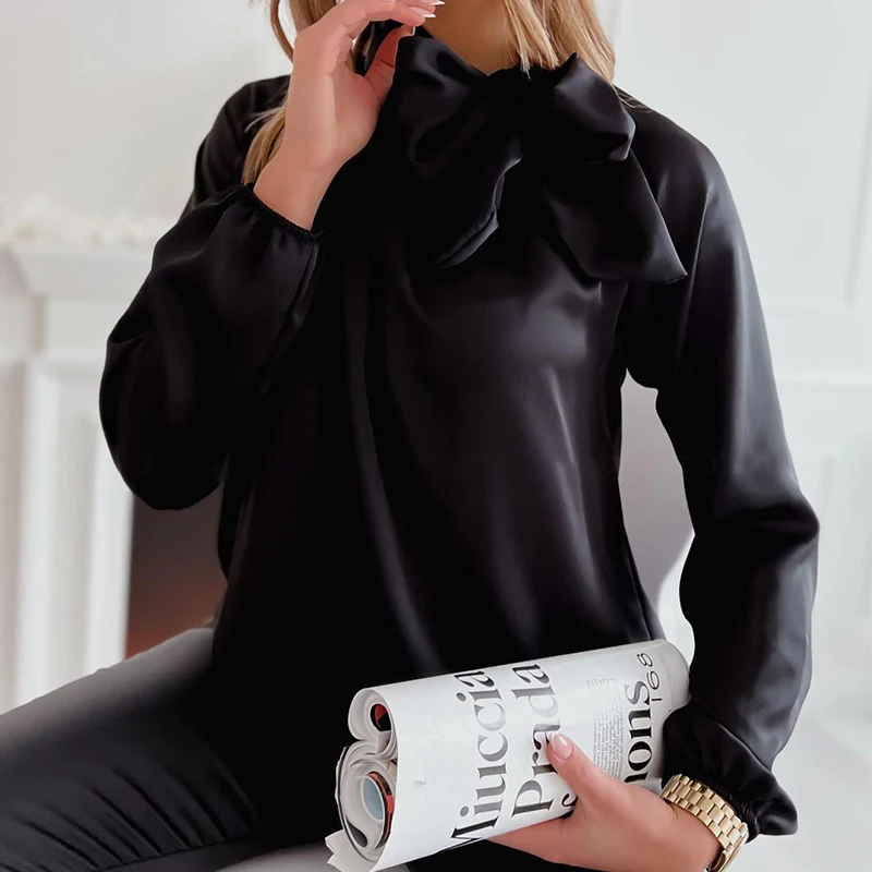 

Женские весенние повседневные однотонные базовые Топы с бантом, модная Водолазка с длинным рукавом, свободные пятнистые Длинные футболки