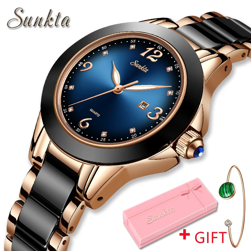 Women's Watches SUNKTA Ladies Quartz Watch Fashion Waterproof Ceramic Stainless Steel Band Watch Black Gold Wrist Watch+Box