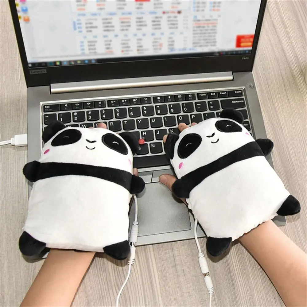Winter Plush Adjustable Hook USB Rechargeable Panda Shape Mitten Electric Heating Gloves Heated Gloves Hand Warmer