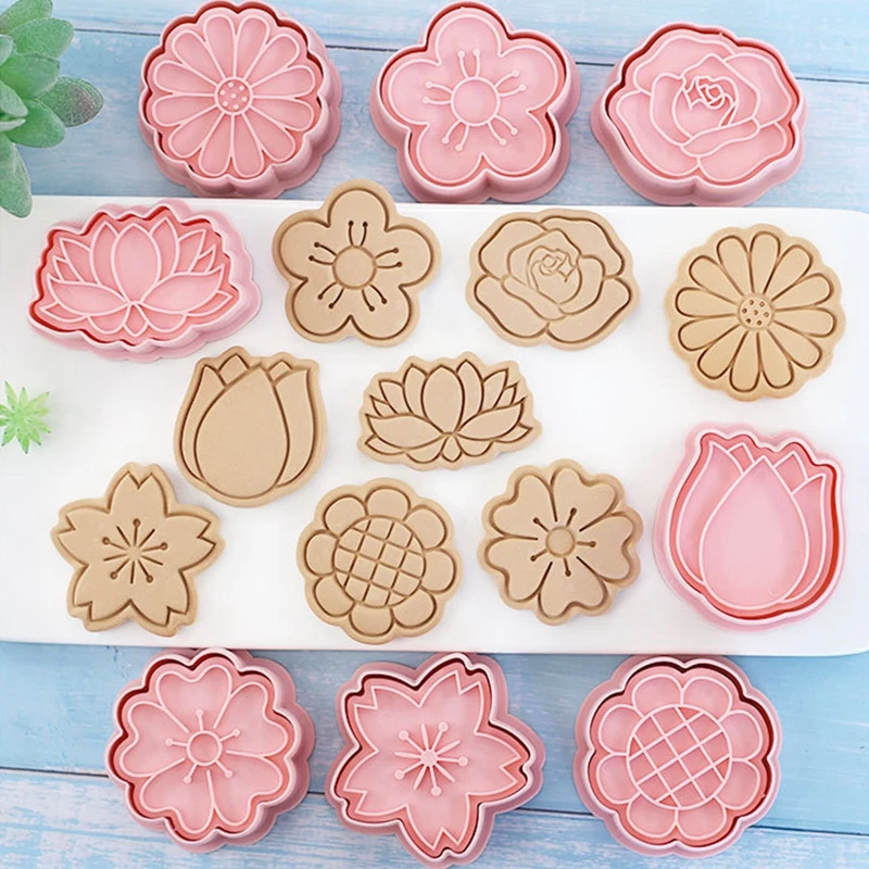 

8 Pcs/Set Cookie Cutters Plastic 3D Flower Shape Cartoon Pressable Biscuit Mold Cookie Stamp Kitchen Baking Pastry Bakeware