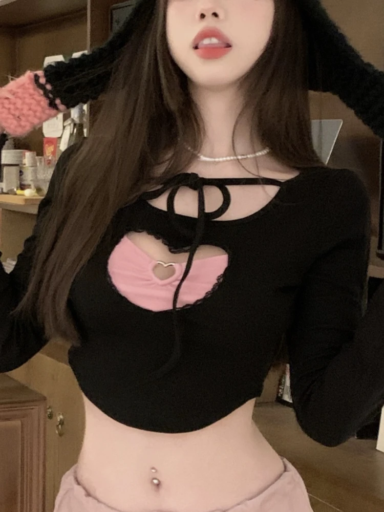 

Осенние модные укороченные топы в Корейском стиле, женские сексуальные элегантные футболки с вырезами, Женская милая японская одежда с длинным рукавом, новинка 2023