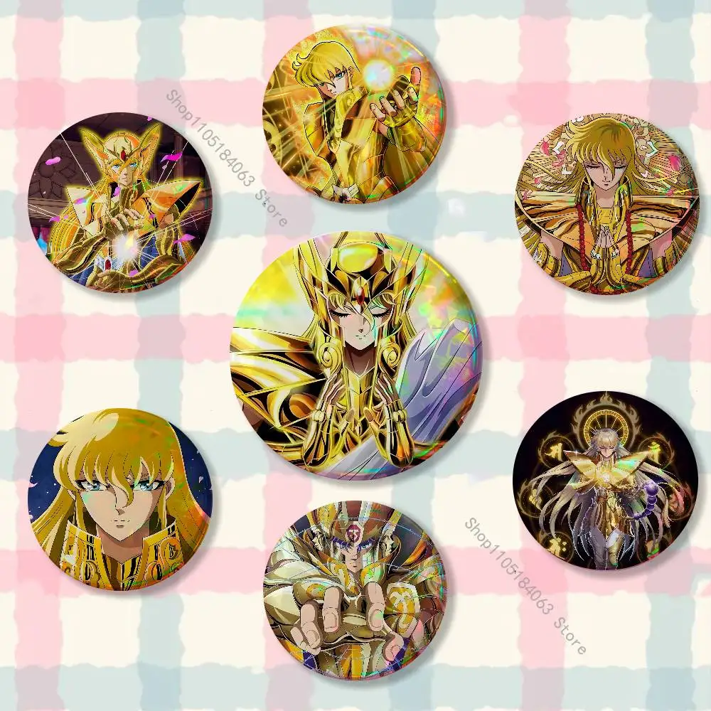 Фото Значок S-Saint Seiya Virgo Shaka для украшения рюкзаков и одежды, круглая жестяная брошь, забавный подарок на заказ для друга. №1