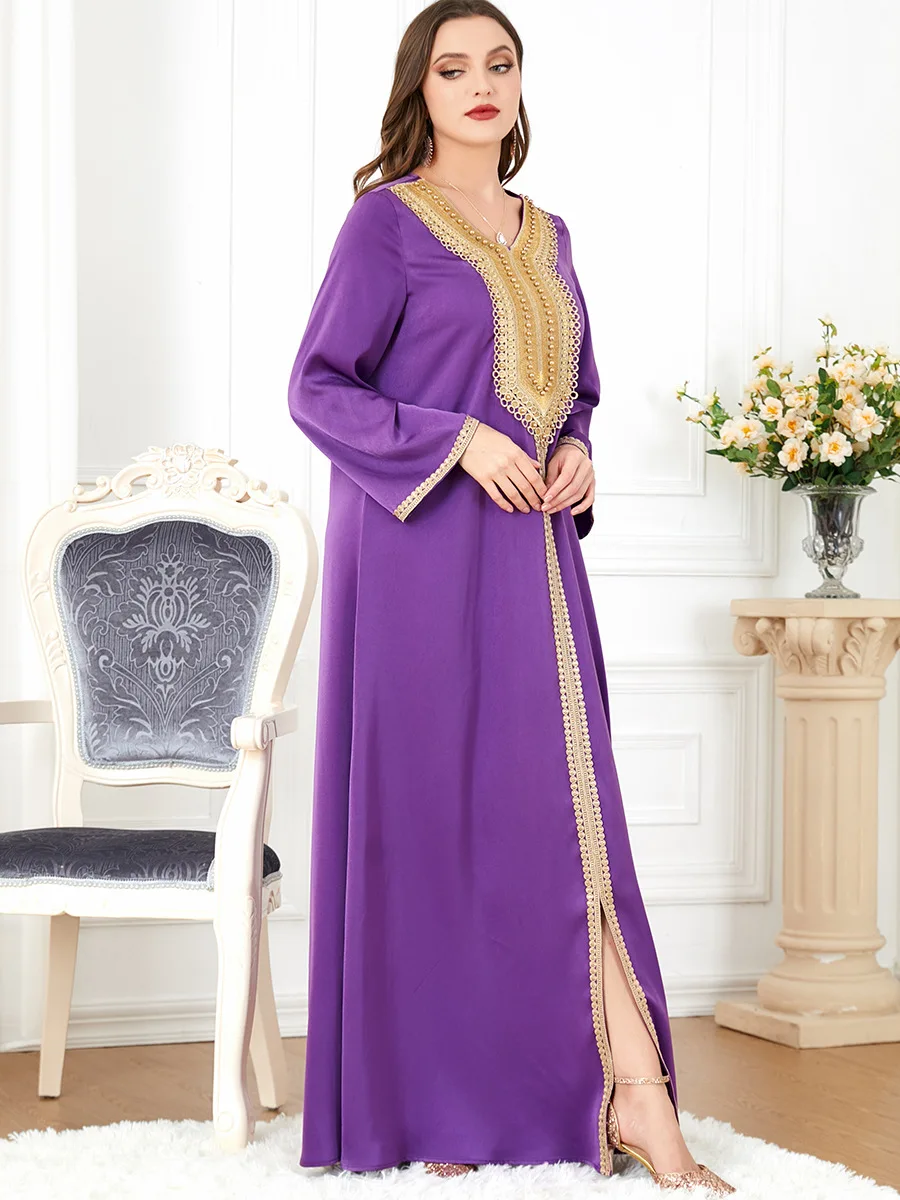 Women Ramadan Muslim Noble Purple Pearl Embroidered Skirt Turkish Indian Abaya Arab Islamic Woman Moroccan Kafutan Gown