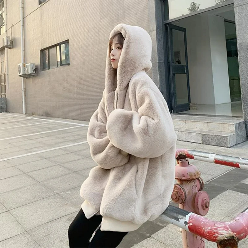 

Korean Loose Plush Coat Women's Winter Imitation Rex Rabbit Fur Mid-length Women Jacket 2022 New Thickened Hooded Coat