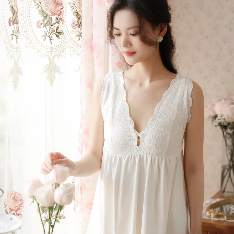 Sexy Embroidery Lace Cotton Night Dress Women Summer White Sleeveless Nighty Fairy Lingerie Princess Sleepwear Vintage Nightgown