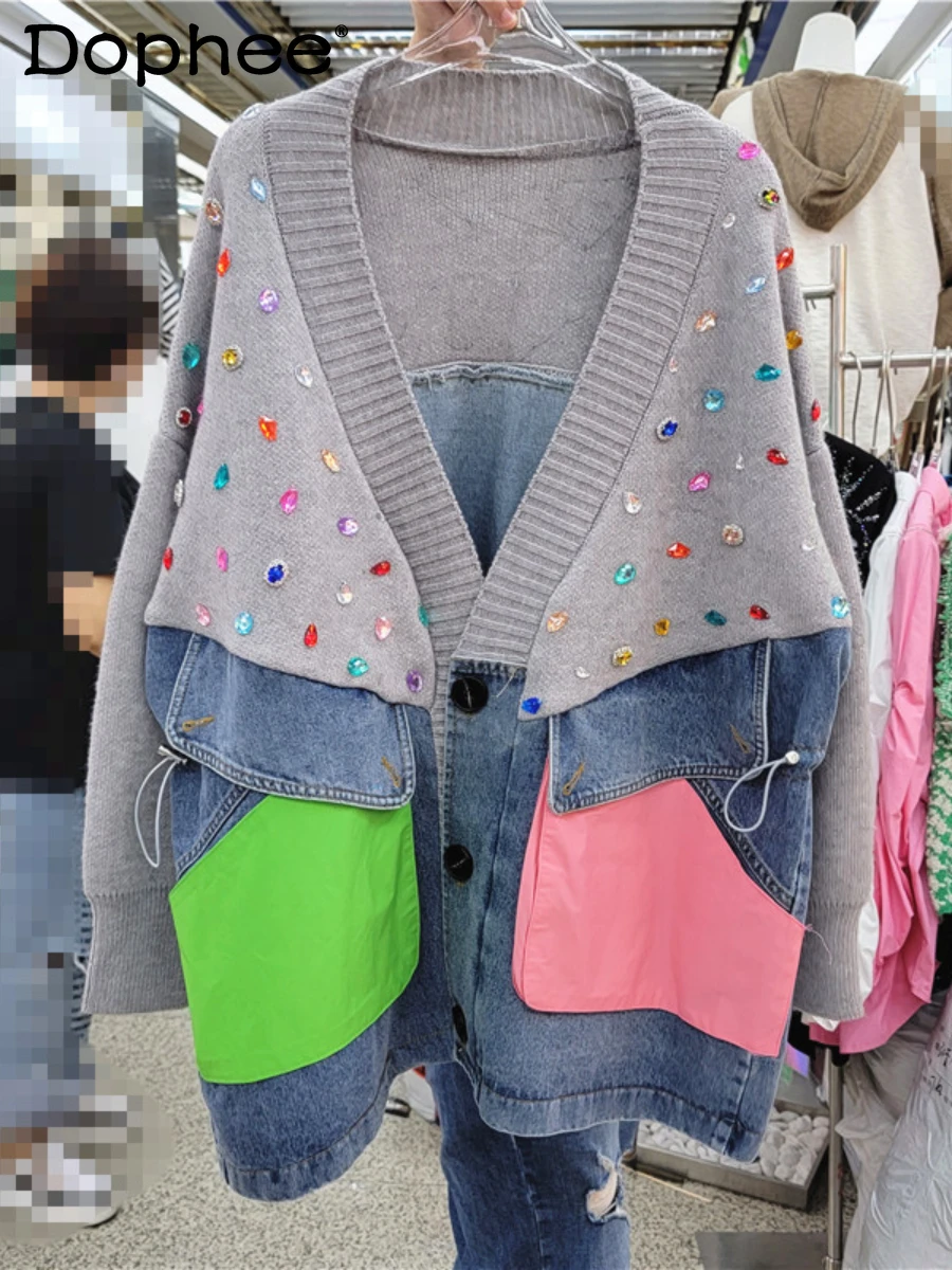 

Тяжелая промышленная цветная Бриллиантовая джинсовая строчка, свитер, кардиган для женщин, новинка 2022, свободный Универсальный вязаный сви...