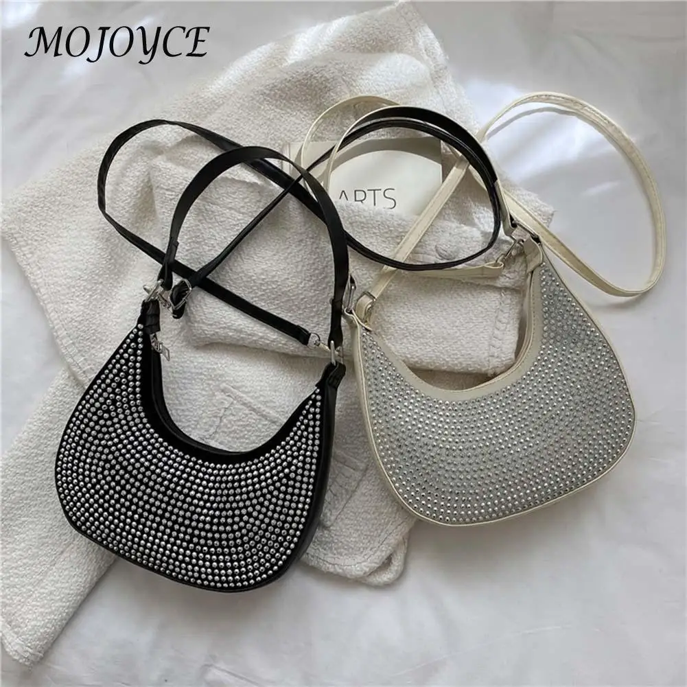 

Модная женская сумка Стразы через плечо с полумесяцем, женская кожаная сумка-мессенджер с блестящими бриллиантами для подмышек, сумка-клат...
