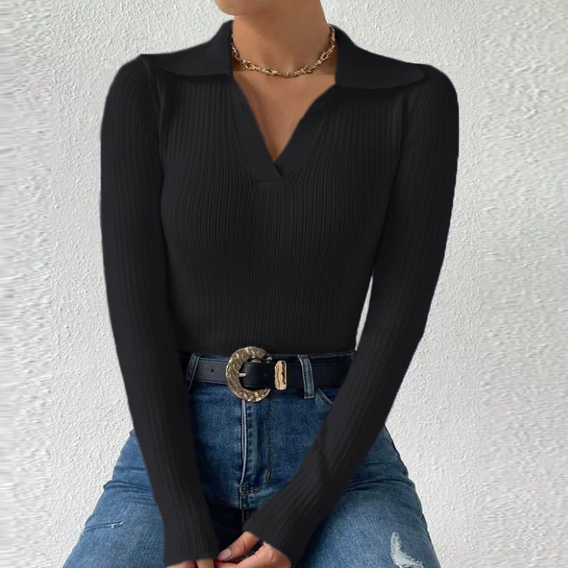 Женский трикотажный свитер с V-образным вырезом и длинным рукавом