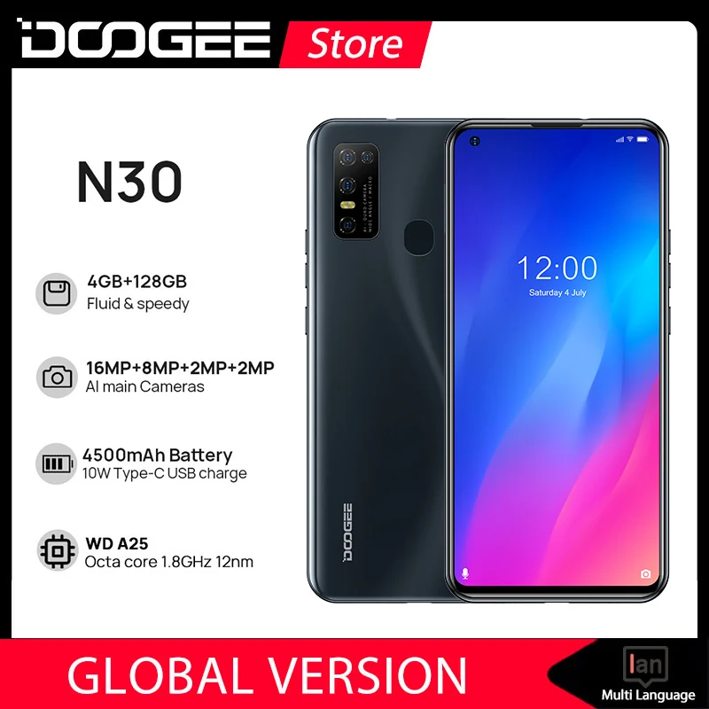 

DOOGEE N30 Cellphone Full Netcom 6.55"inch Mobile Smart Phone Quad Camera 128GB ROM Octa Core 4500mAh Global Version Android 10