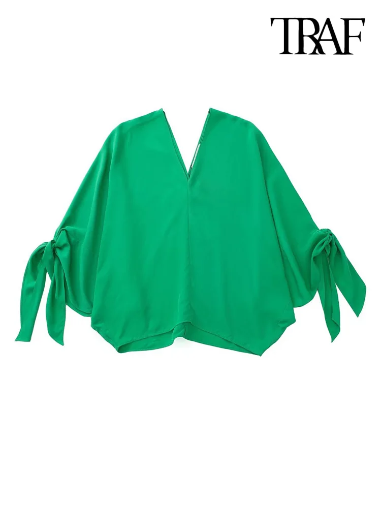 

TRAF Women Fashion With Tied Loose Green Flowing Blouses Vintage V Neck Long Sleeve Female Shirts Blusas Chic Tops