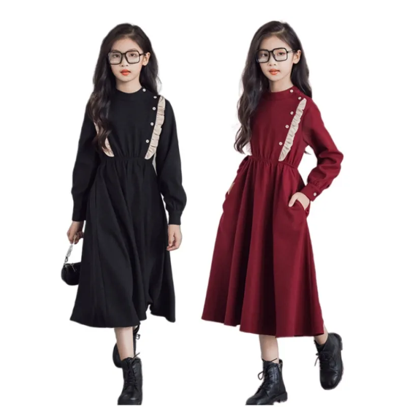 

5-14Y Princess Dresses for Girls Young Students Birthday Dresses Children Long Sleeve A-Line Dress Active Lace Patchwork Outfits