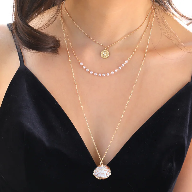 

Wholesale Fashion Women's Multi-Layer Necklace Coin Handmade Pearl Natural Shell