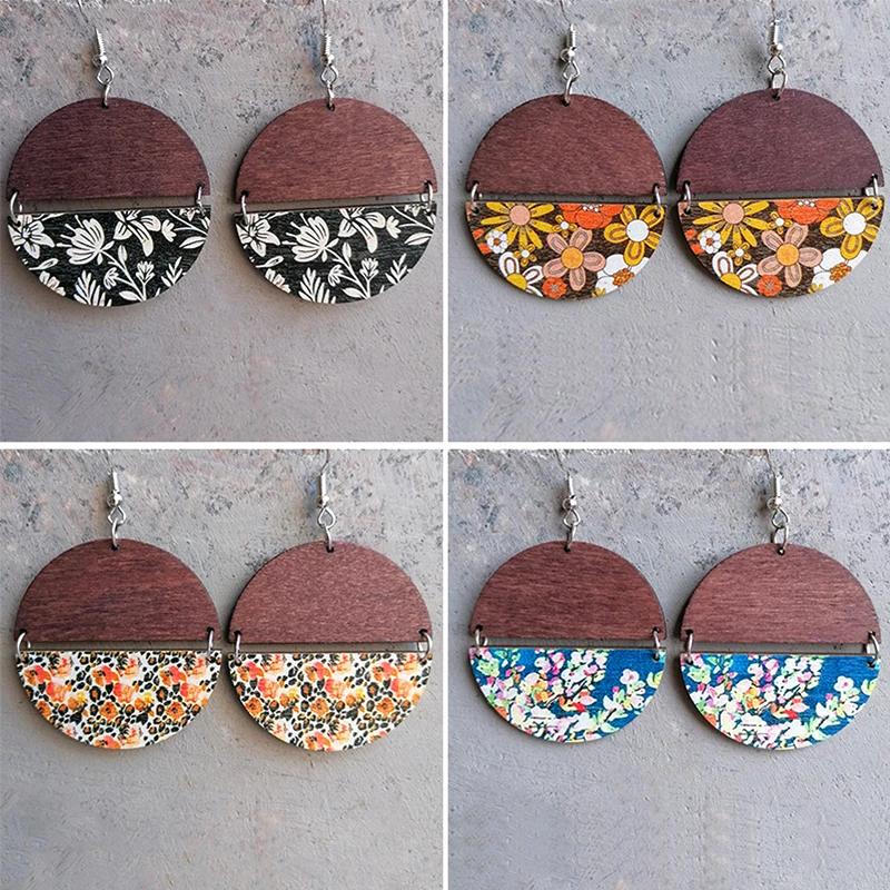 

Hot Personality Fashion Retro National Earrings Bohemian Round Print Earrings Wooden Splice Girl Ear Rings Ins Gift Wholesale