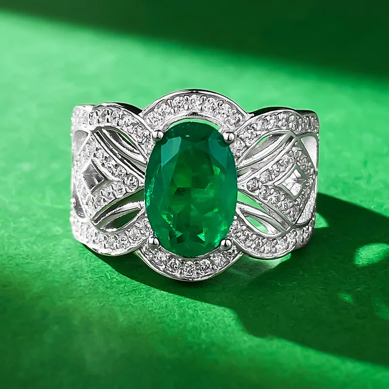 

2023 New 925 Silver Imitation Emerald 7 * 10 Oval Personalized Fashion European and American Ring