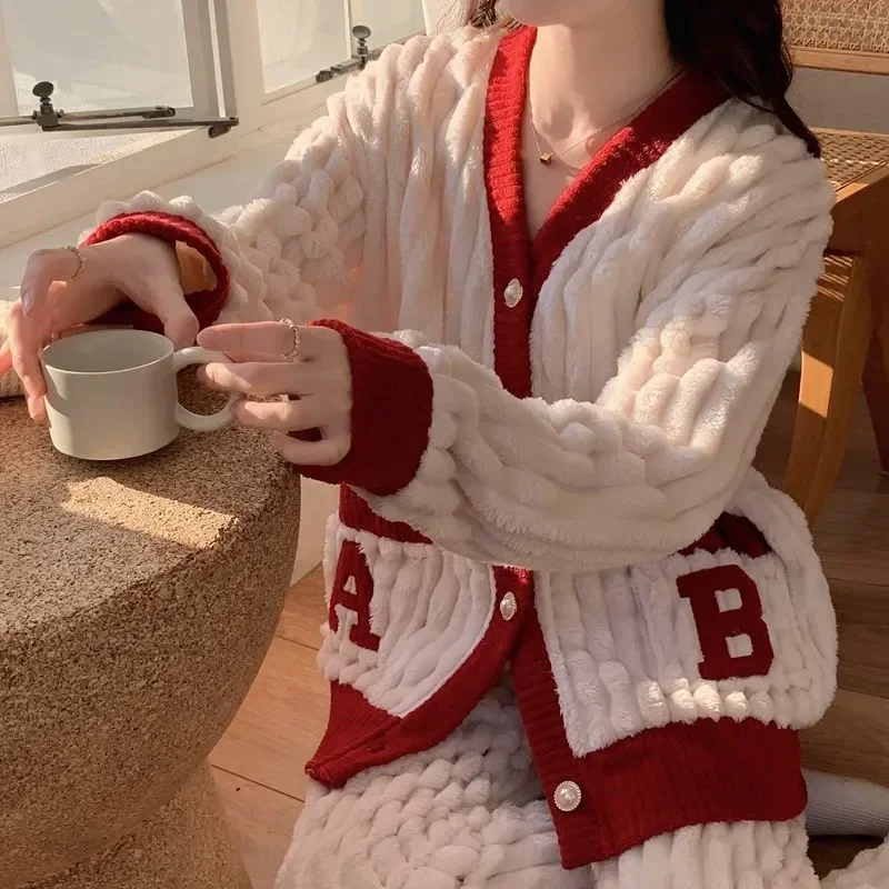 

2023 Wear V-neck Home Plaid Fluffy Pant 2 Fleece Suit Warm Winter Pocket Piiama Fashion Sleepwear Pajamas Set Night Piece Women