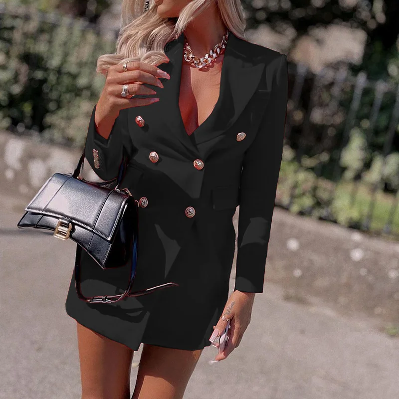 

Женский двубортный Блейзер средней длины, Повседневная облегающая куртка с длинным рукавом, Элегантная блузка, 2023