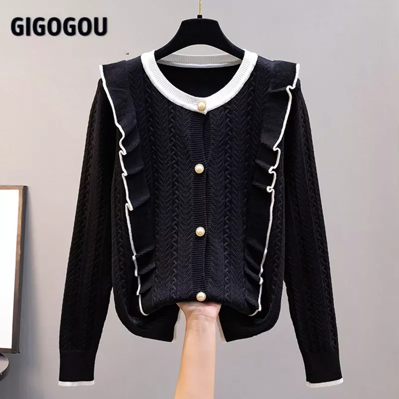 

NEW 2023 Ruffled Knitted O Neck Women Pullover Sweater Button False Cardigans Sweaters Autumn Spring Long Sleeve Knitted Pullove