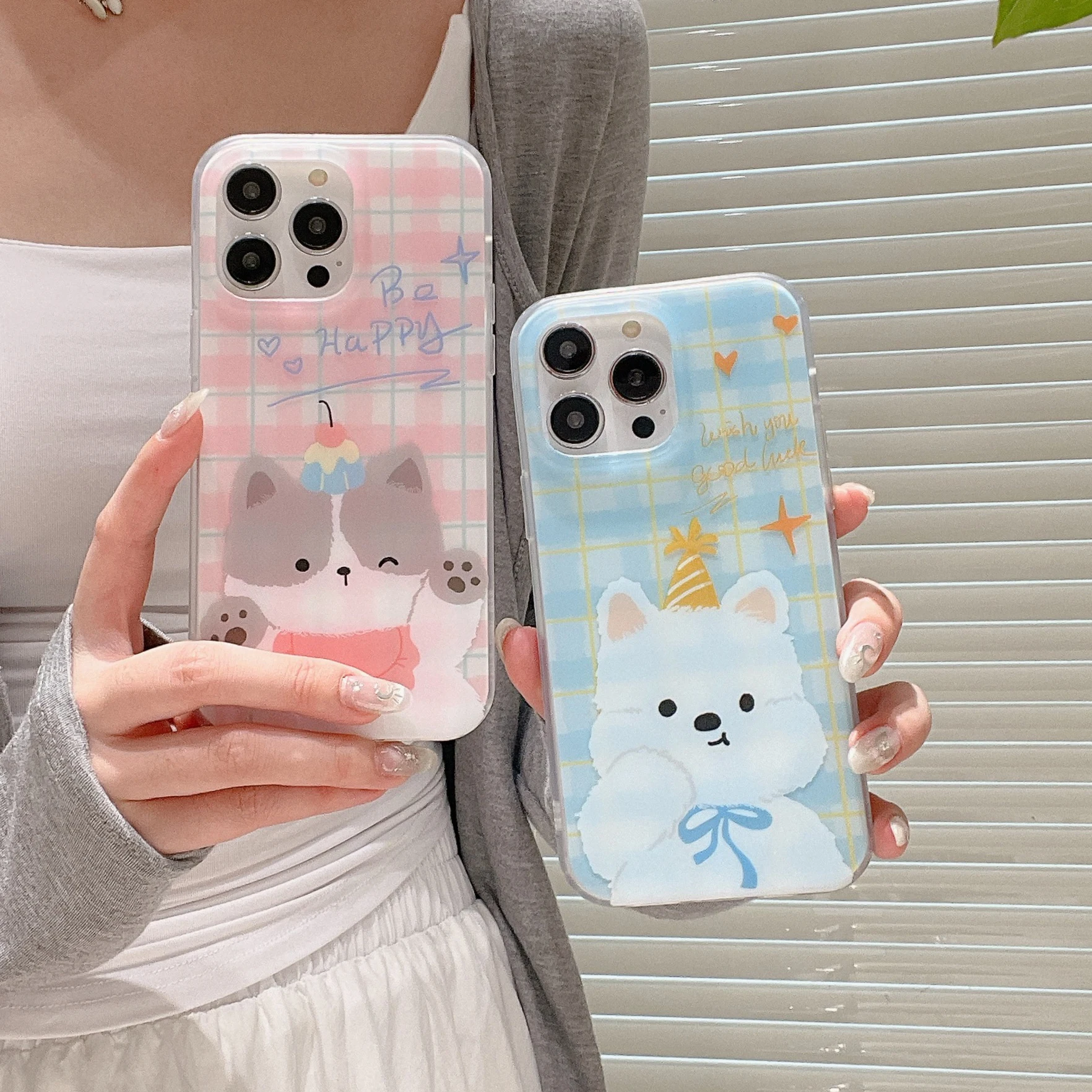 Чехол для телефона в клетку с милым щенком и котенком IPhone 16 16pro 16promax 15 15pro 15promax 14 14pro