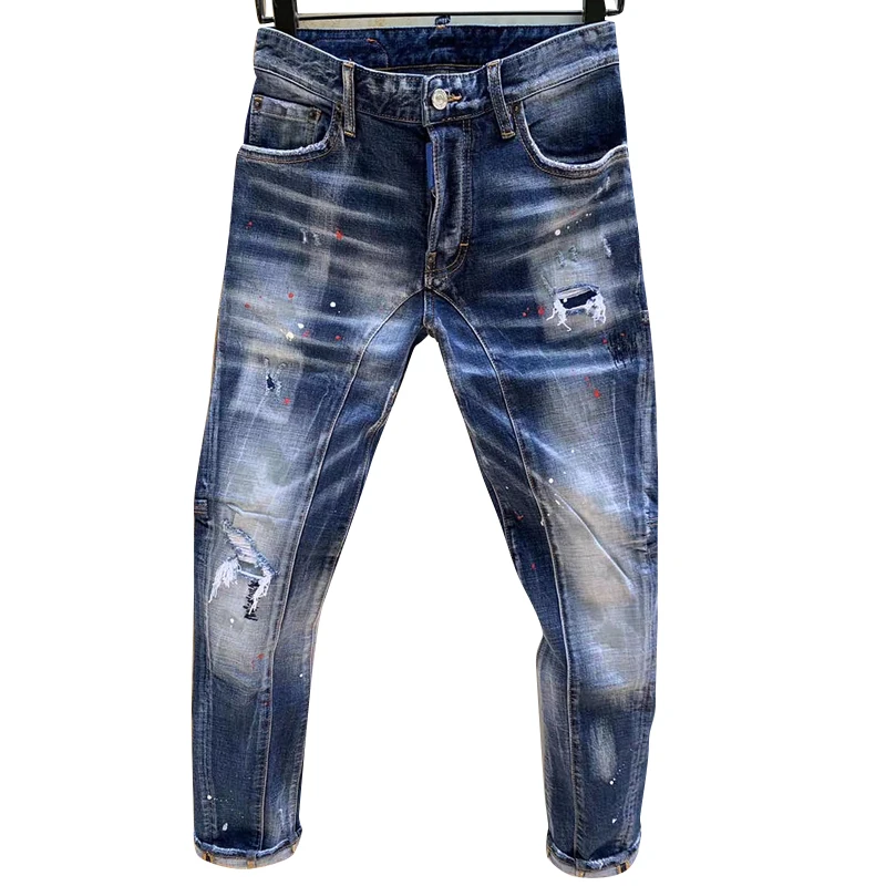2023 New Starbags DSQ Stylish men wash water and tear patch paint do old stretch slim fashion small foot jeans men